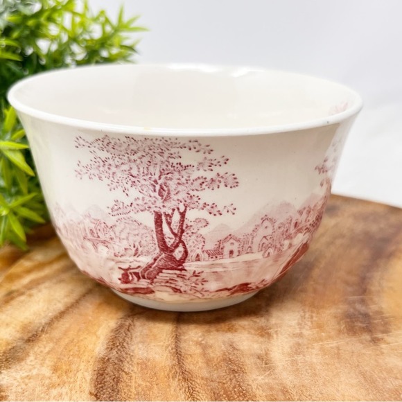 Vintage English Abbey Red Pink Transferware Bowl Farmhouse Decor - Picture 2 of 6
